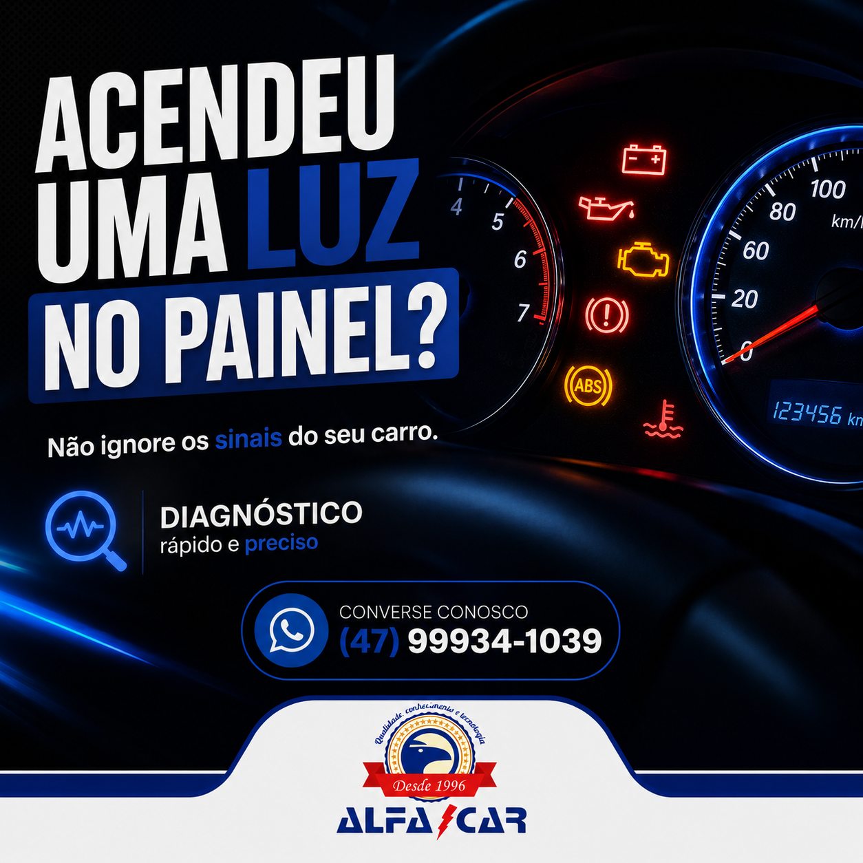 Painel de carro com luzes de alerta acesas